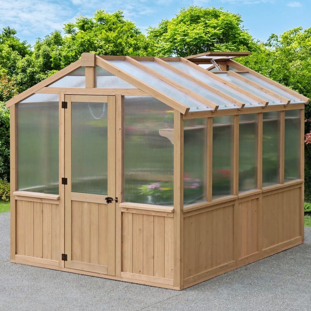 8x9.7 wooden backyard greenhouse with polycarbonate panels