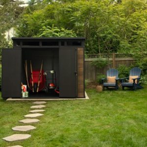 modern backyard storage shed with walnut finish