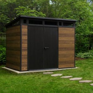 9x7 outdoor resin storage shed with wood look panels