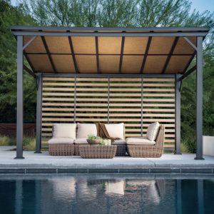 10' x 14' lean-to gazebo with rust-resistant aluminum frame and wood-grain finish in backyard.