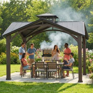 Black square hardtop gazebo with aluminum and steel frame in backyard.