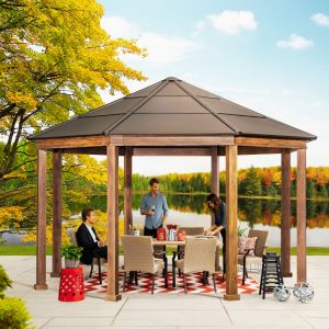 Brown octagon hardtop gazebo with aluminum and steel frame in backyard.