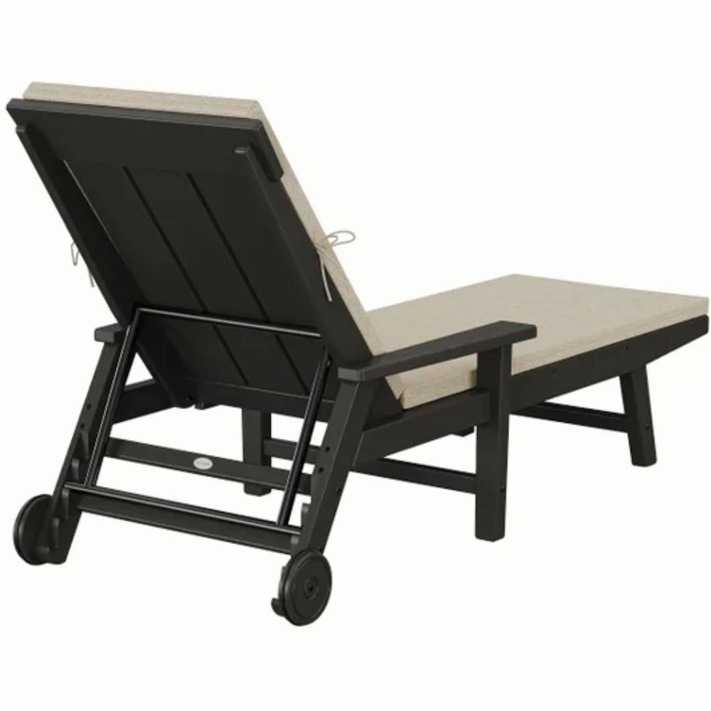 Outdoor lounge chairs with low-maintenance plastic lumber and comfortable cushions.