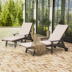 2-pack outdoor chaise lounges with adjustable reclining positions and weather-resistant plastic frame.