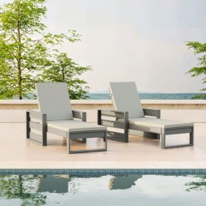 2-pack outdoor chaise lounges with adjustable reclining positions and weather-resistant plastic frame.