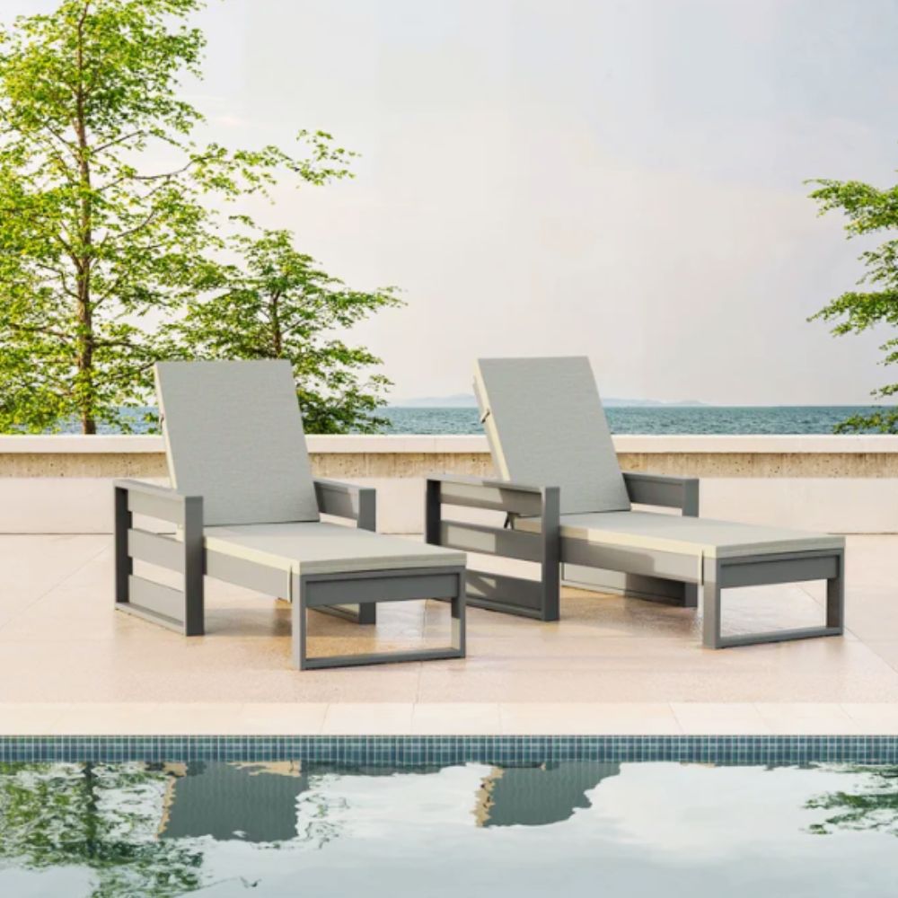 2-pack outdoor chaise lounges with adjustable reclining positions and weather-resistant plastic frame.