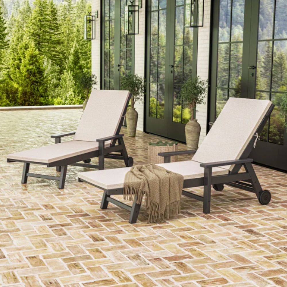 2-pack outdoor chaise lounges with adjustable reclining positions and weather-resistant plastic frame.
