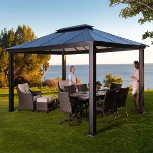 12' x 16' rectangular aluminum gazebo with multi-layered hardtop roof in backyard.