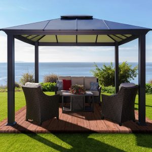 Outdoor hardtop gazebo with rust-resistant aluminum frame and cream roof underside.